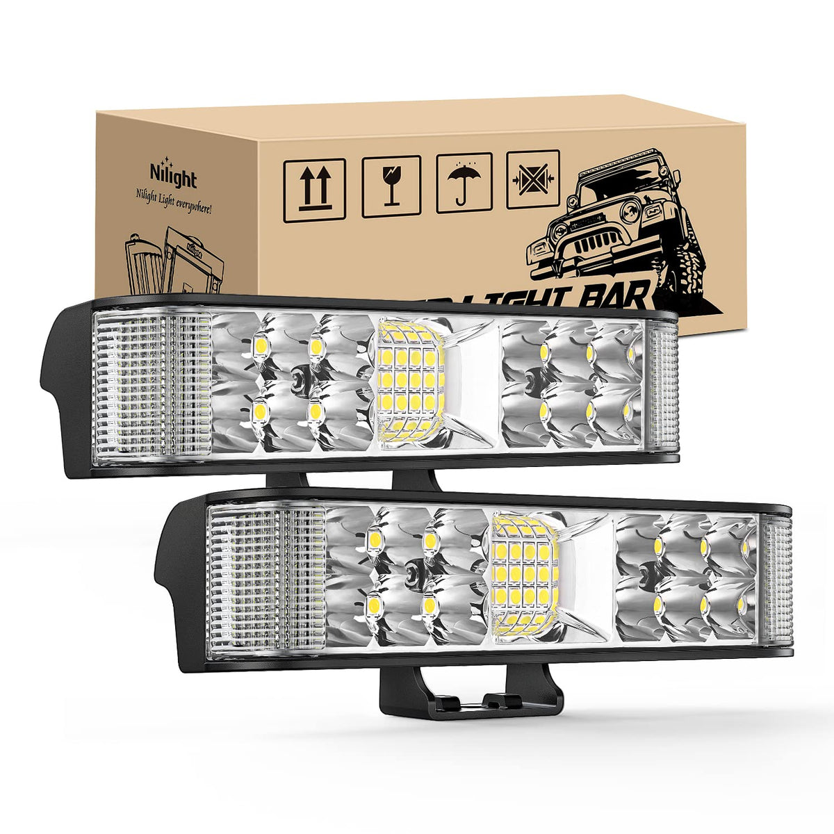Nilight front view pair showing compact housing and bright lens for enhanced road visibility
