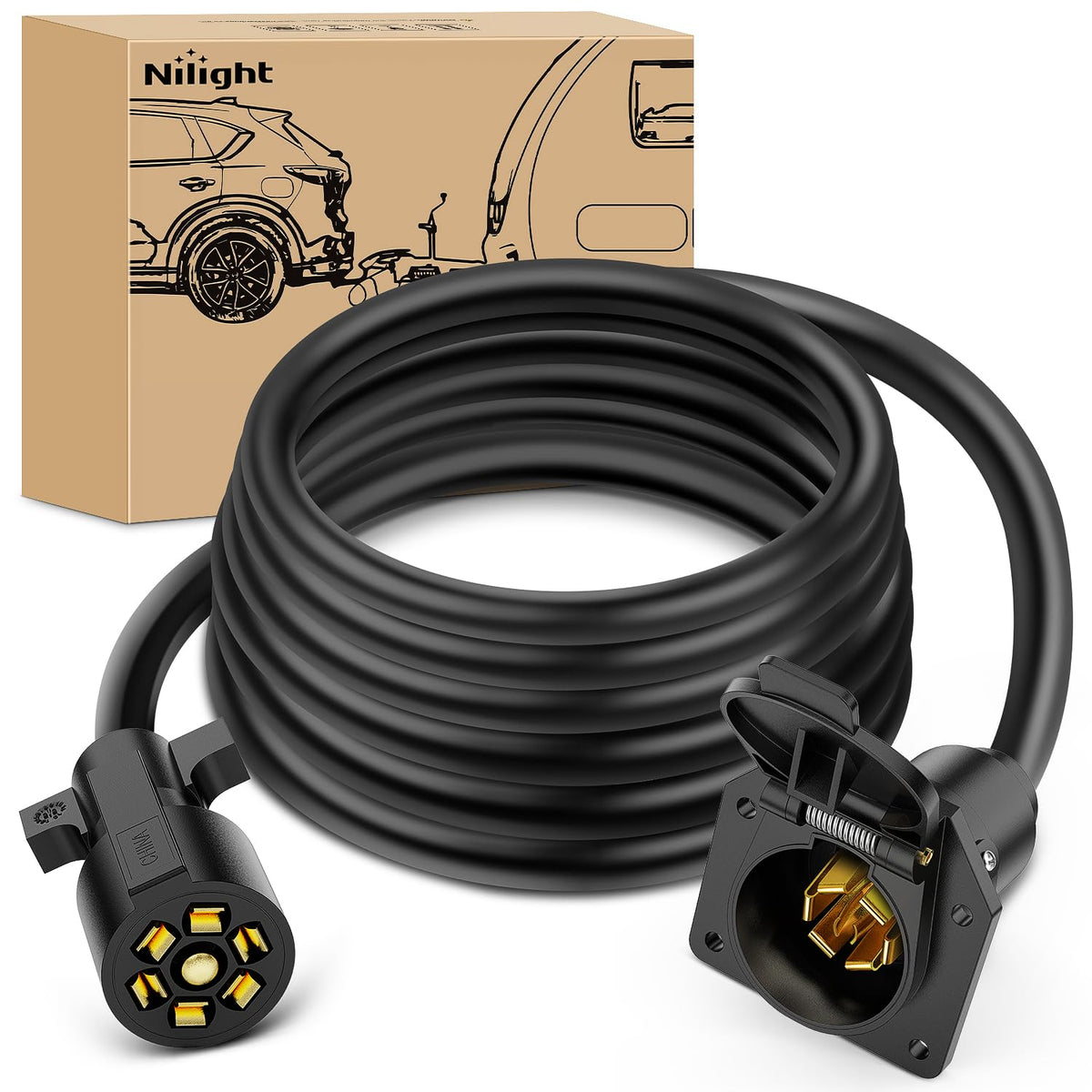 Nilight front view of 7-way plug extension showing plug and cable, reliable connection