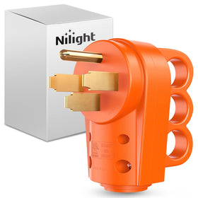 Nilight front view plug showing NEMA 14-50P face with secure fit advantage