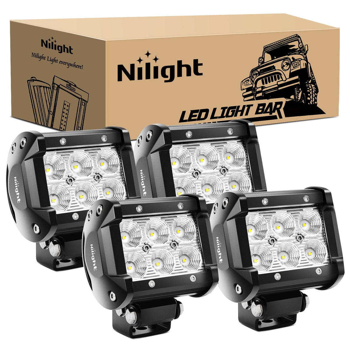 Nilight front view of 4 LED pods showing compact pack and bright output benefit