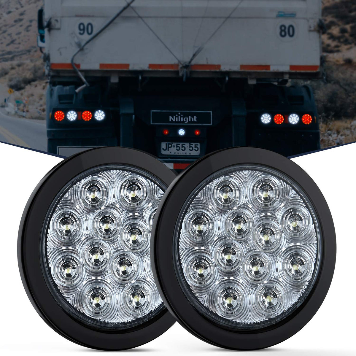 Nilight front view of round LED backup light showing bright output