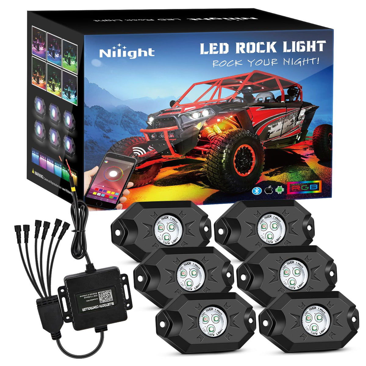 Nilight front view of six pods showing complete kit and bright colors for bold styling