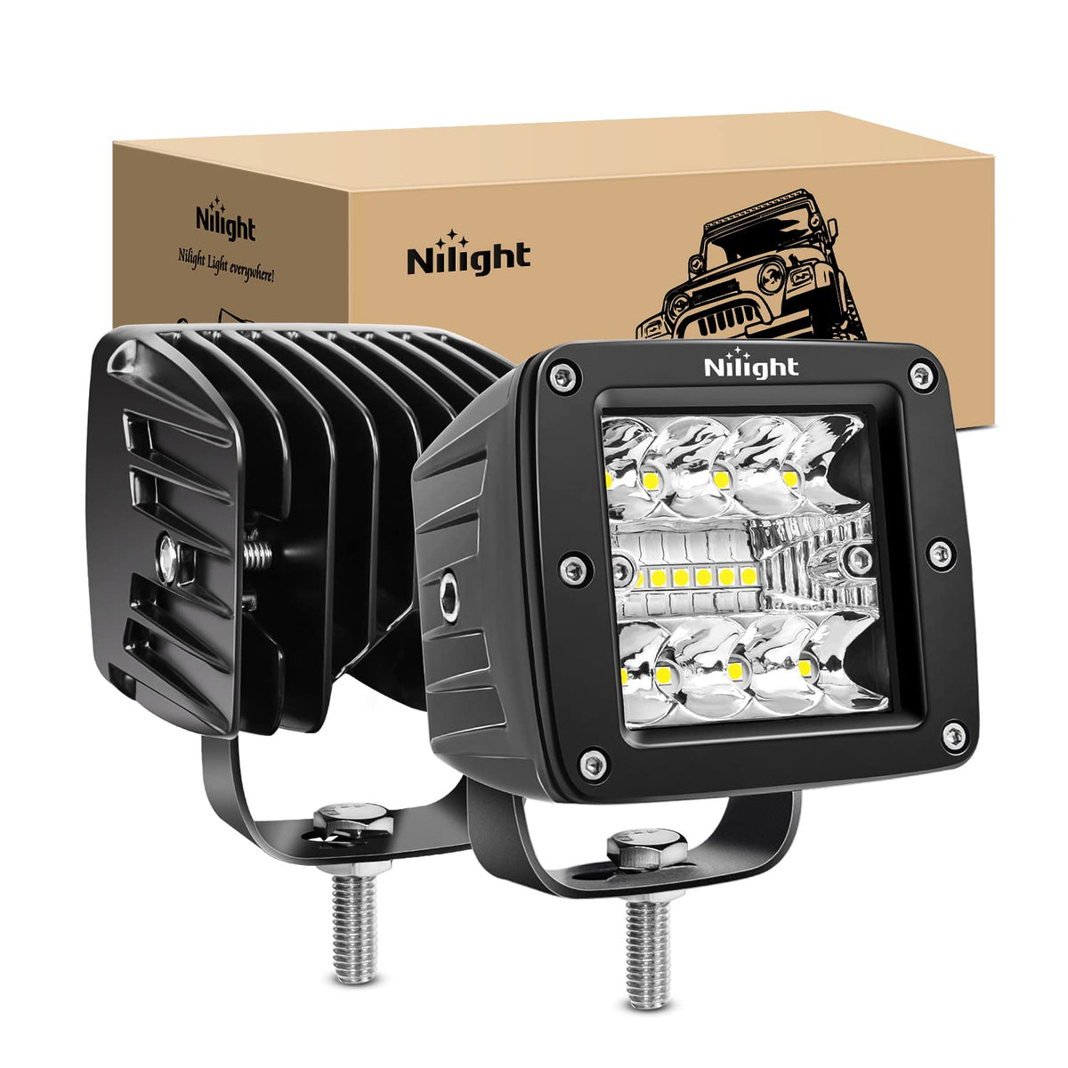 Nilight front view showing square LED cube and clear lens for brighter road visibility