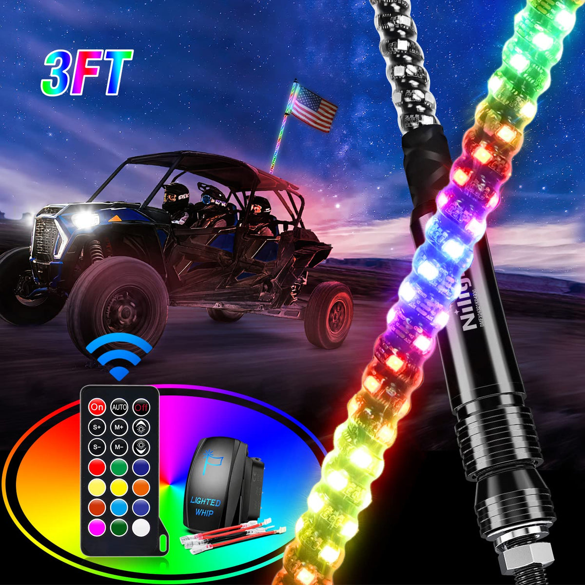 Nilight front view of 3ft spiral whip showing full color brightness benefit