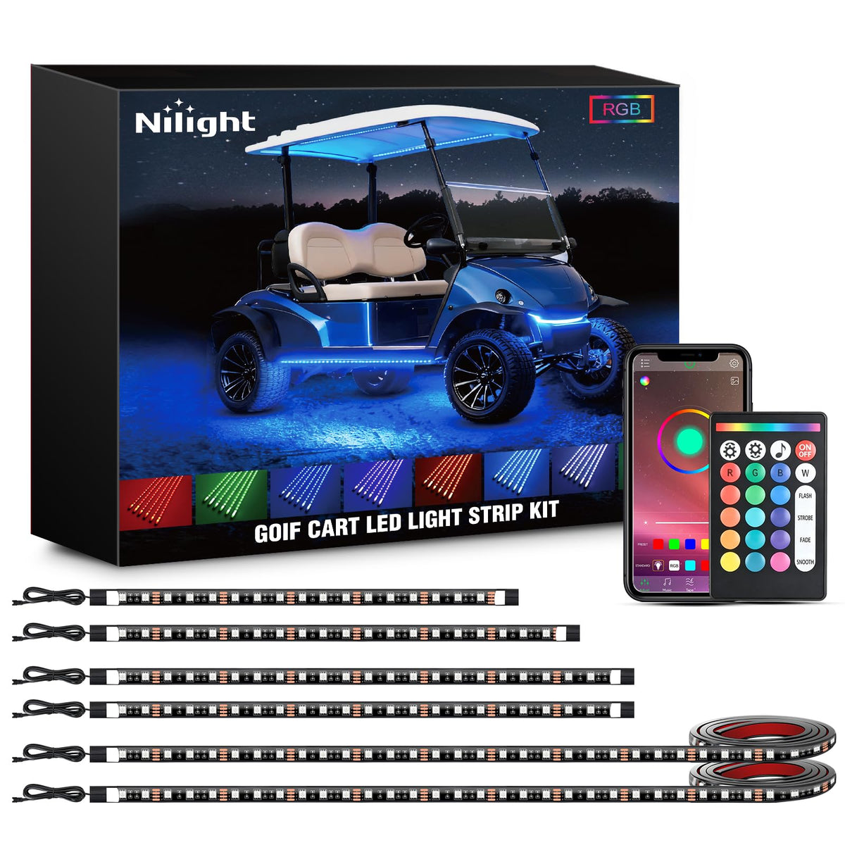 Nilight front view of golf cart with colorful underglow showing enhanced visibility