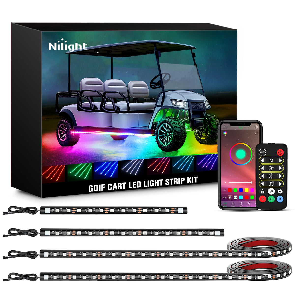 Nilight front view of golf cart underglow showcasing bright colors and enhanced visibility