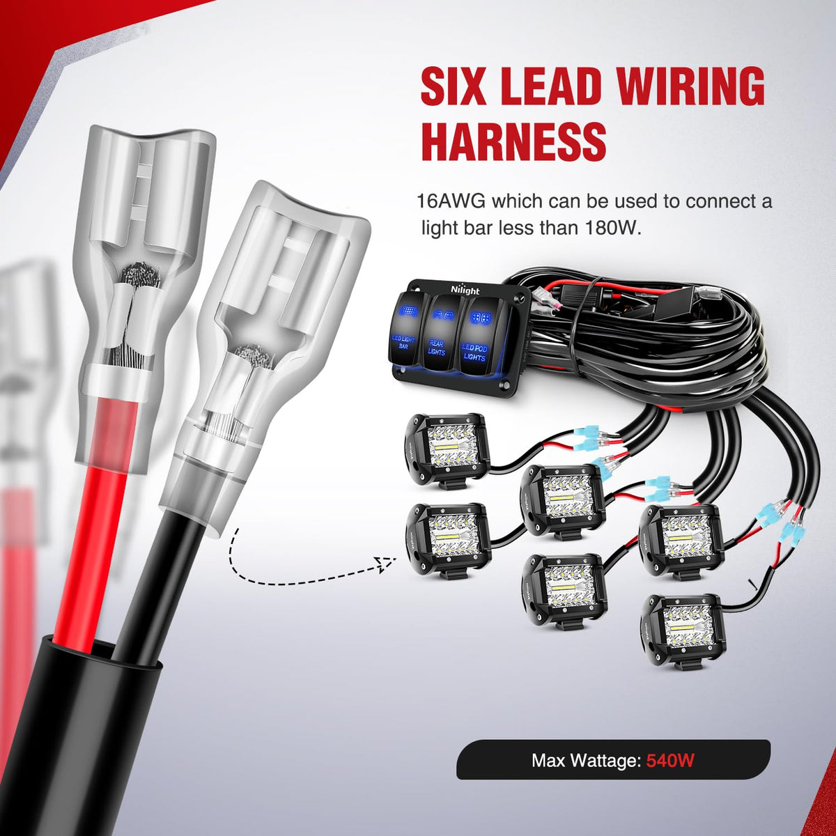 Nilight 16AWG harness closeup showing heavy stranded wires for reliable power delivery