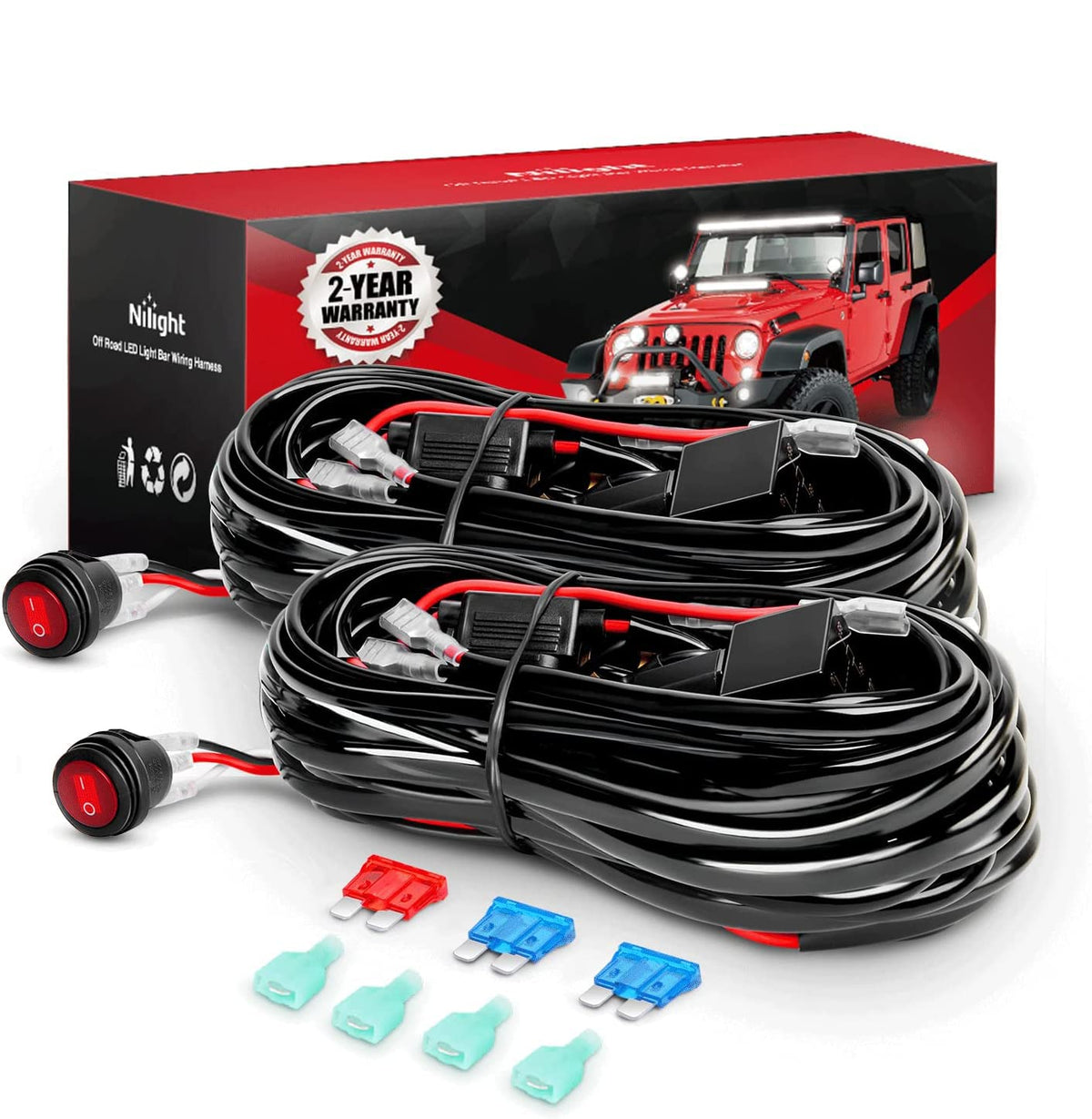 Nilight wiring harness front view showing complete kit and quick install benefit
