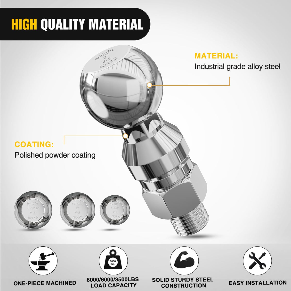Nilight picture of ball with zinc-plated hex nut and helical lock washer for secure install