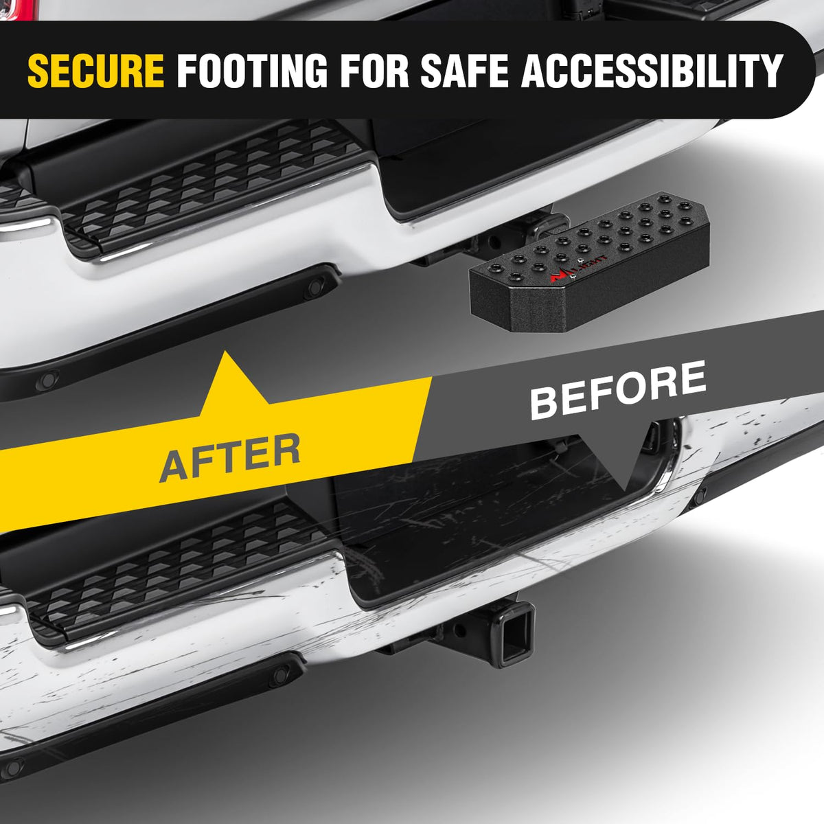 Nilight package photo with hitch step and 5/8 inch pin showing ready-to-install benefit