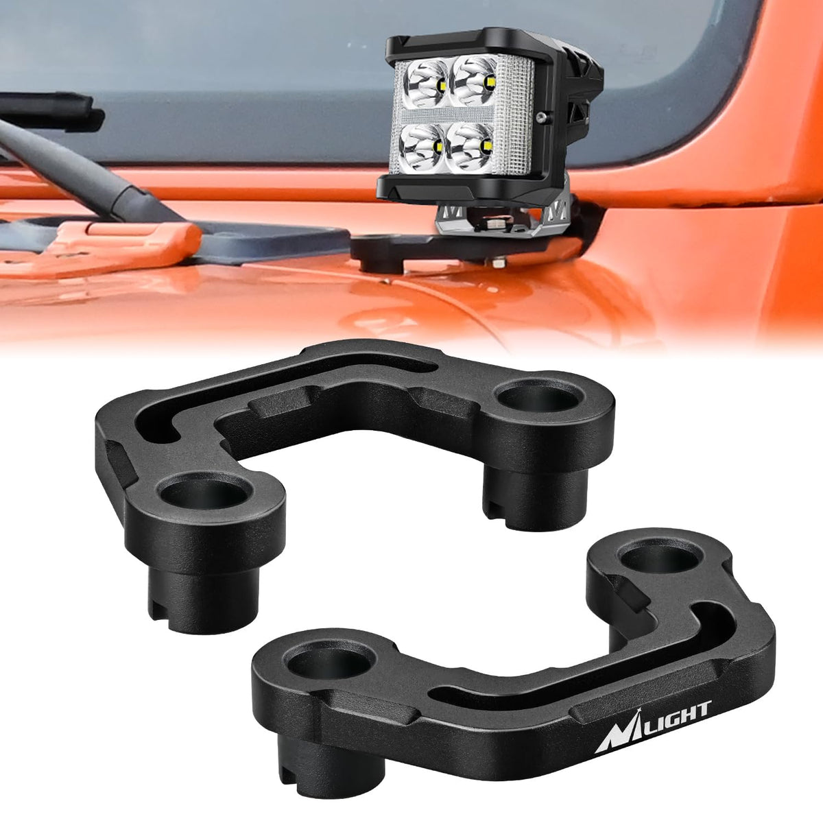 Nilight front-mounted hood bracket on Jeep Wrangler showing secure fit and easy install benefit