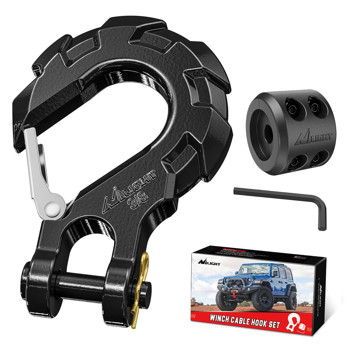 Nilight forged winch hook front view showing rugged finish and secure latch benefit durability