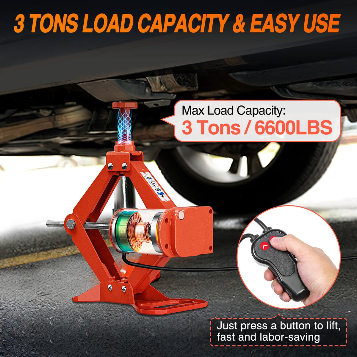 Nilight lifting a front wheel on pavement showing fast roadside tire-change benefit