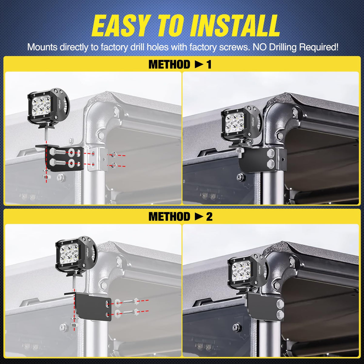 Nilight pods mounted on Polaris Ranger rear roof demonstrating bolt-on compatibility