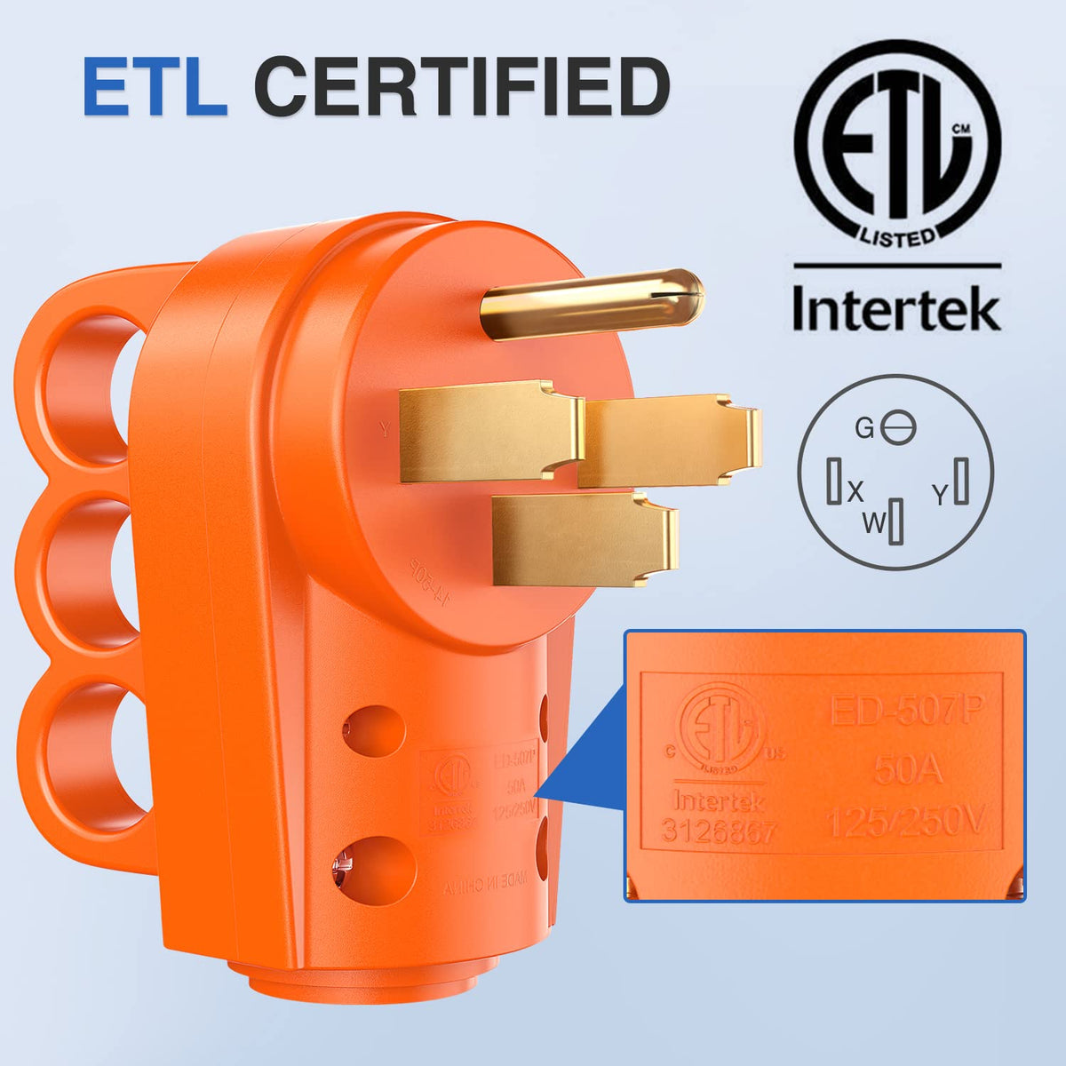 Nilight installed on RV cord showing compatibility with 6/3+8/1 50A STW cord