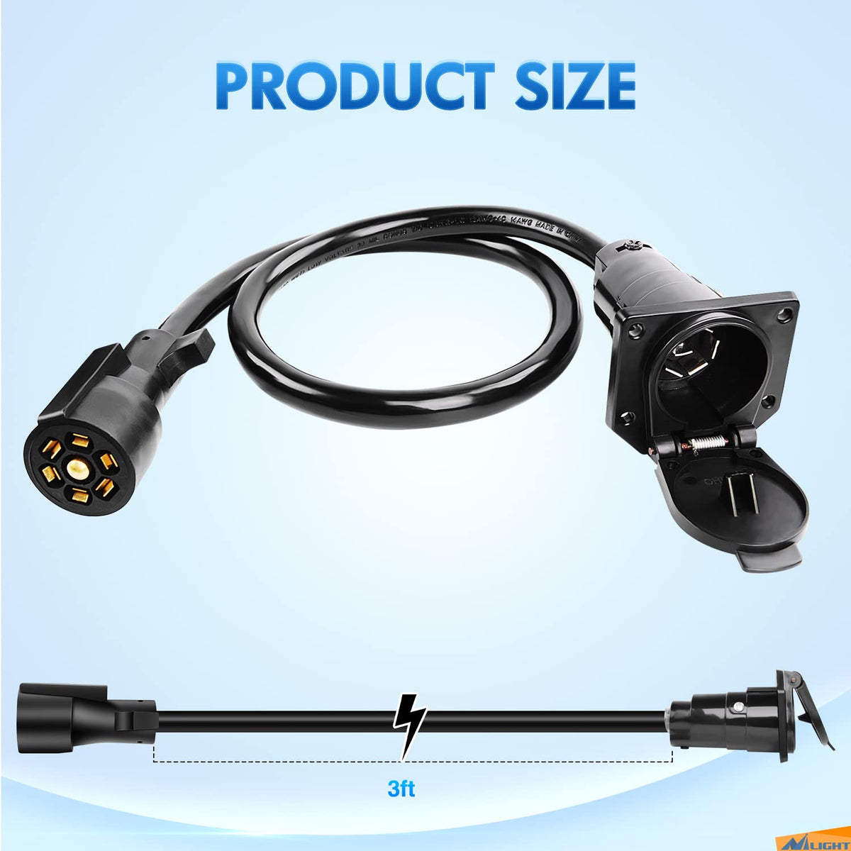 Nilight cable next to ruler showing 3ft length for improved reach and convenience