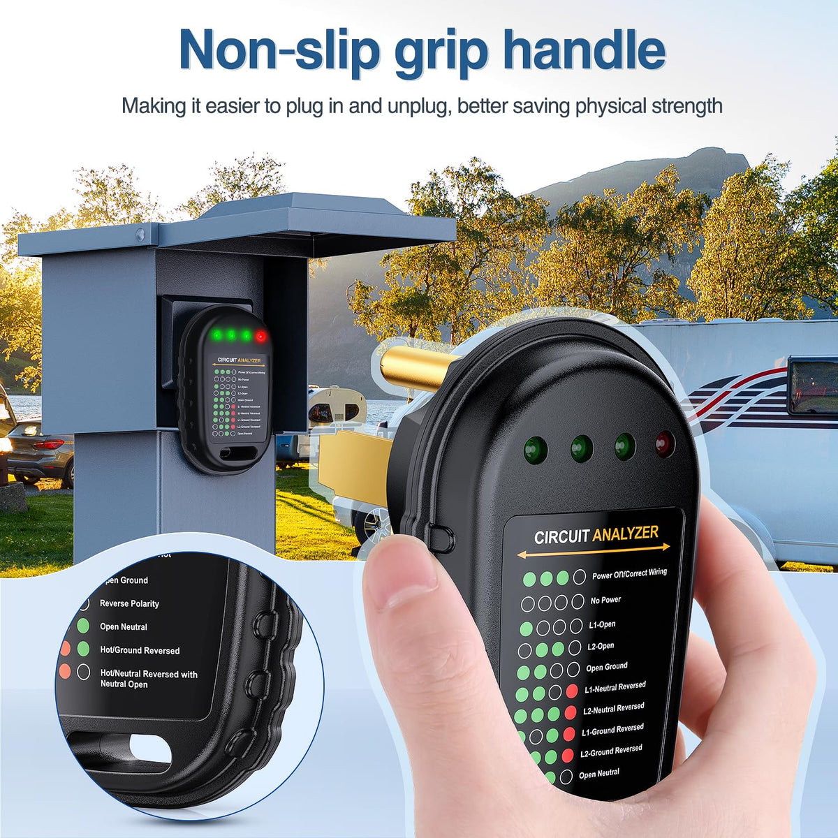 Nilight in campsite setting protecting RV electricals during hookup