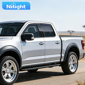 Nilight visors on F-150 during rain demonstrating ventilation without water entry benefit