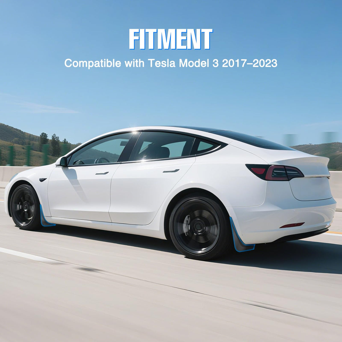 Nilight mud flaps on Model 3 driving on wet road showing splash reduction and cleanliness