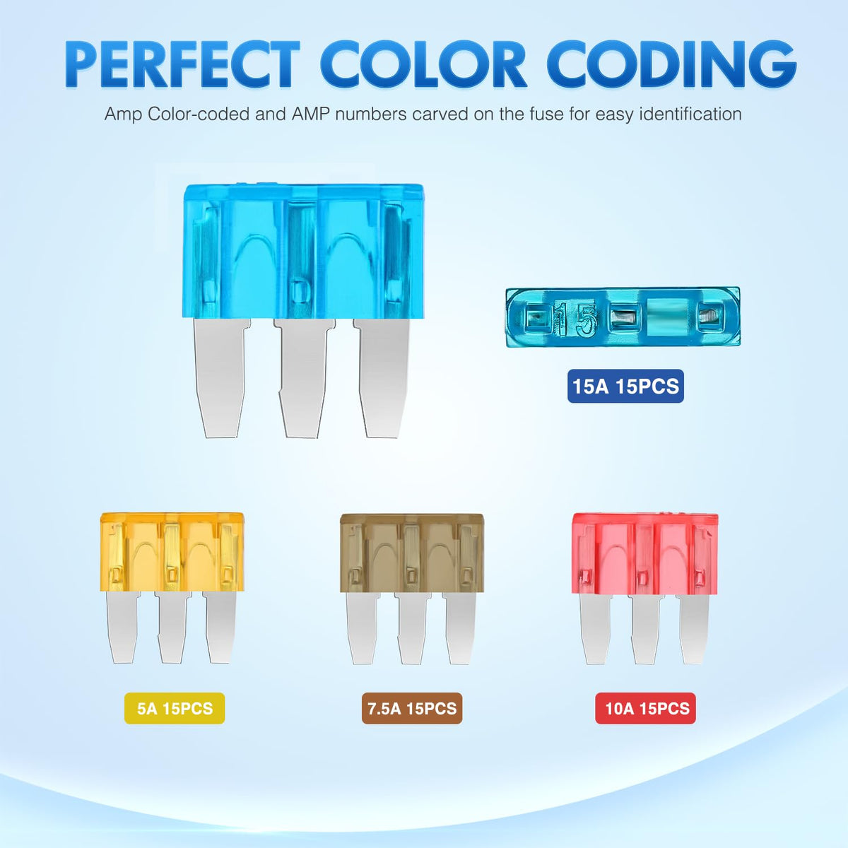 Nilight color-coded fuse tops with amp markings for fast identification and selection