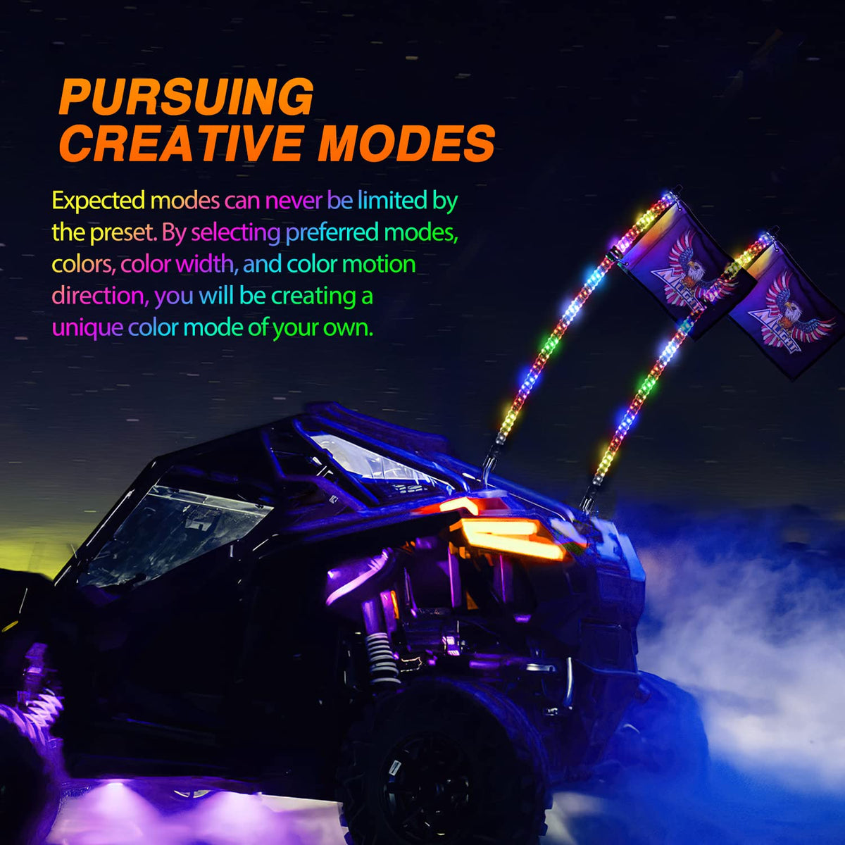 Nilight whips mounted on UTV at night demonstrating high visibility and custom colors