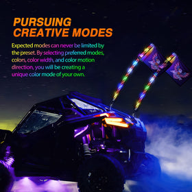Nilight whips mounted on UTV at night demonstrating high visibility and custom colors