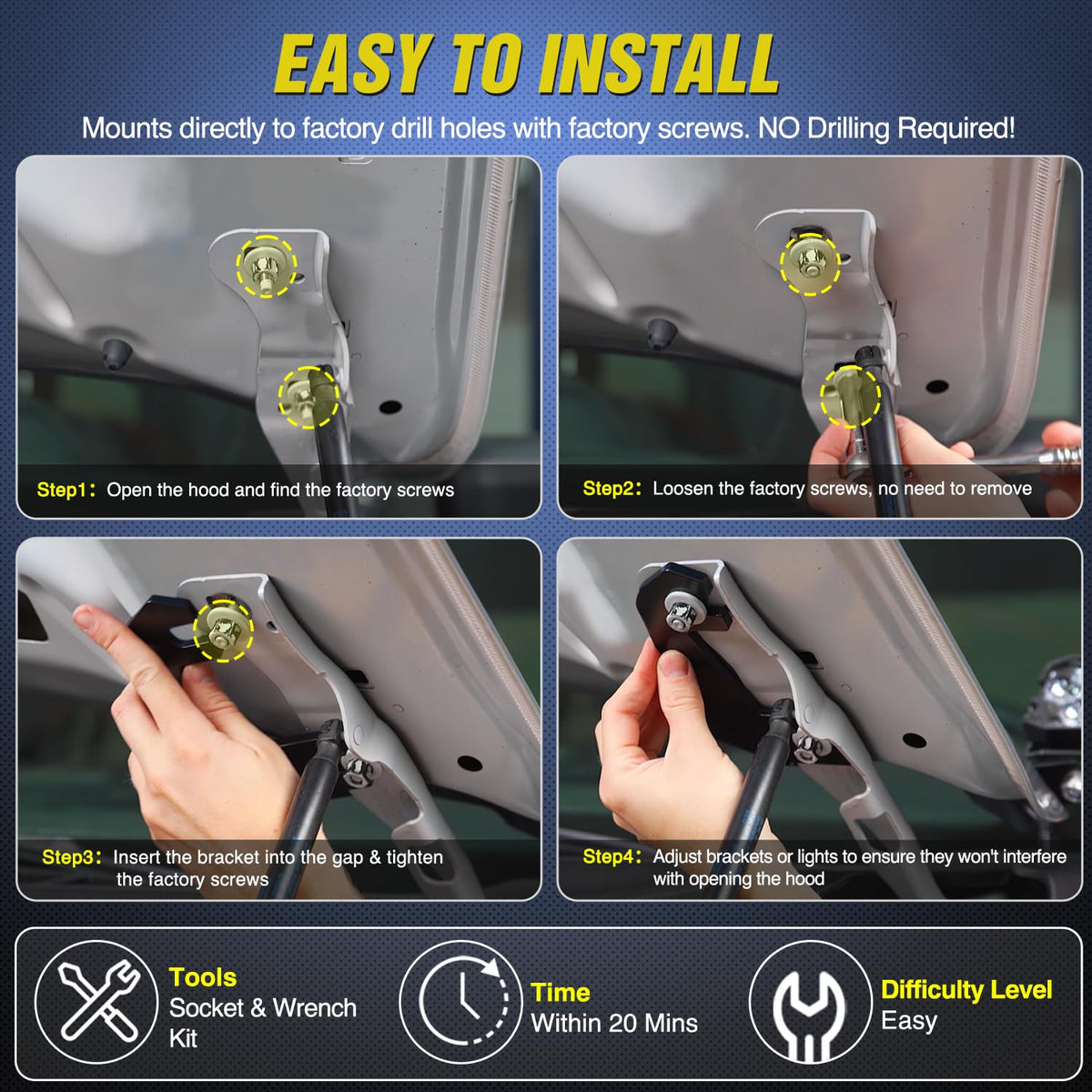 Nilight driver-side bracket installed under hood, offers bolt-on installation benefit