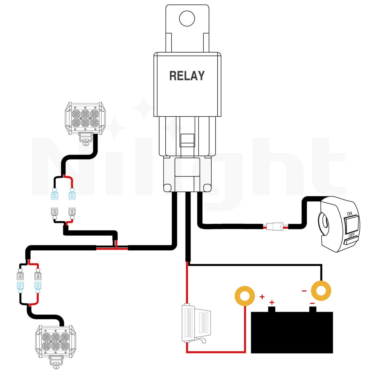 Nilight packaged kit overview including harness, fuses, connectors and diagram