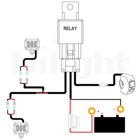 Nilight packaged kit overview including harness, fuses, connectors and diagram