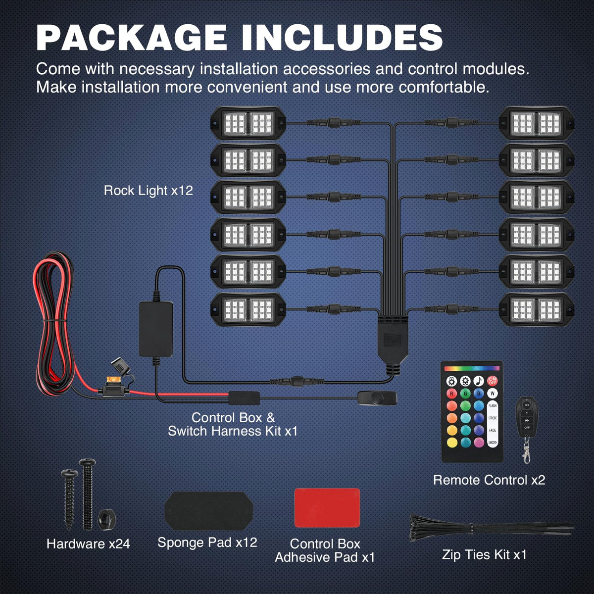 Nilight packaging and accessories layout including pads, screws, and double-sided tape