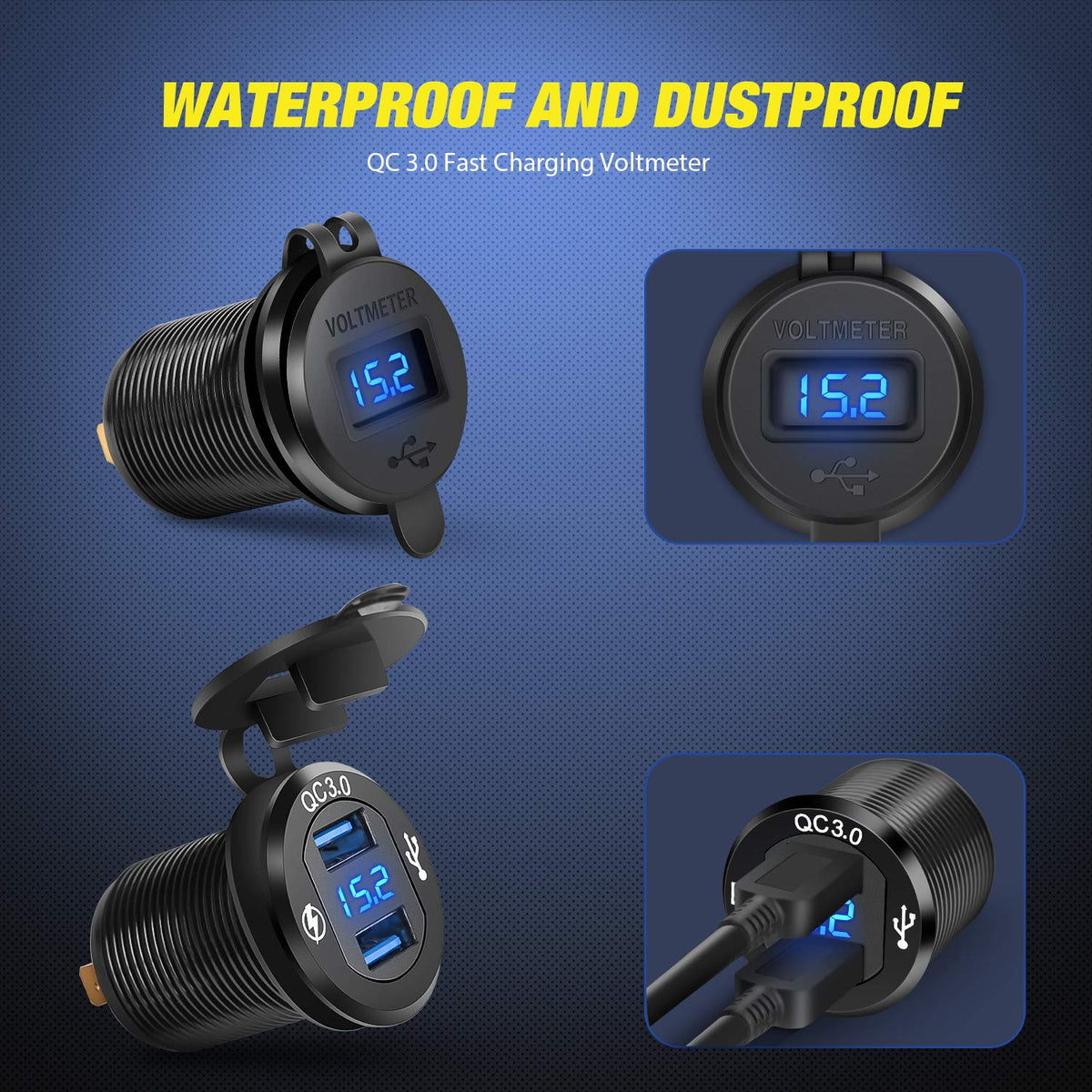 Nilight QC3.0 dual USB ports detail for fast charging on the go benefit