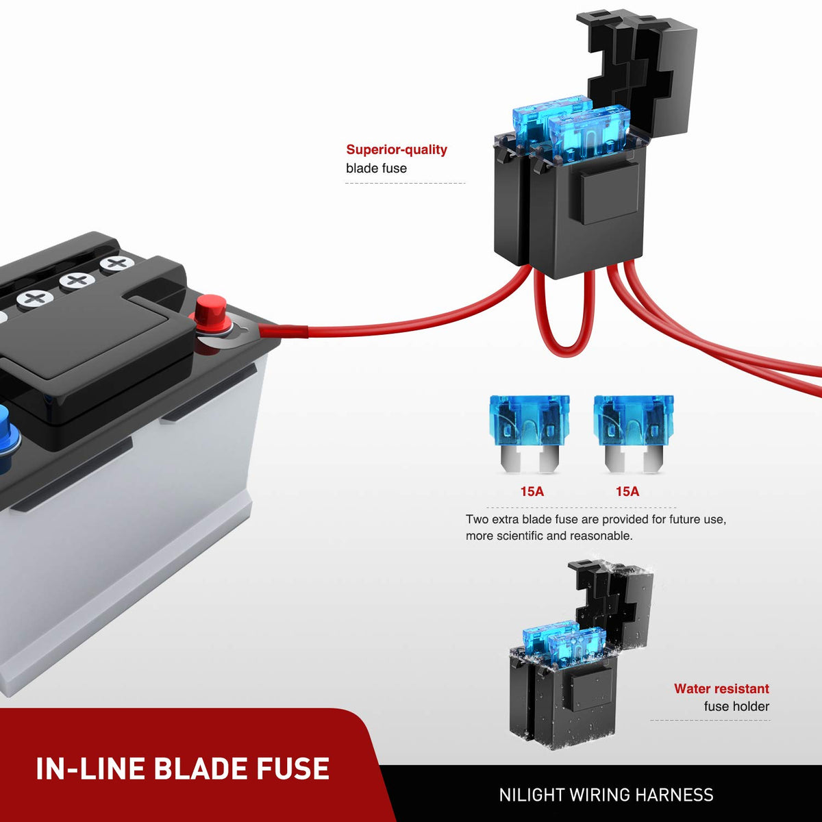 Nilight relay and inline fuse cluster showing protective components for safer electrical circuits
