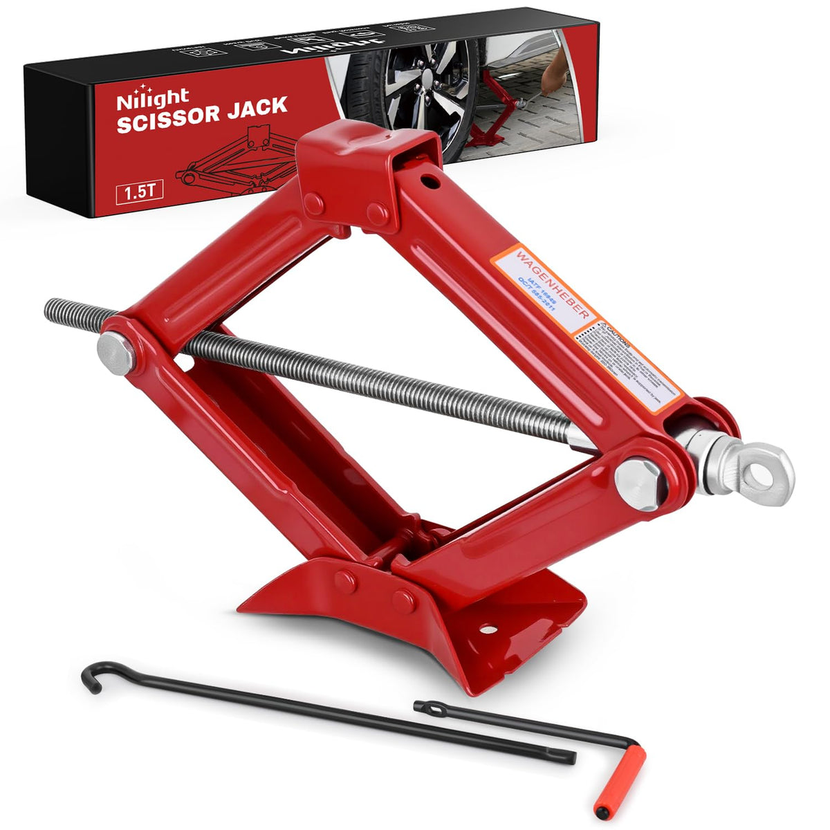 Nilight scissor jack front view showing compact red body and stability benefit