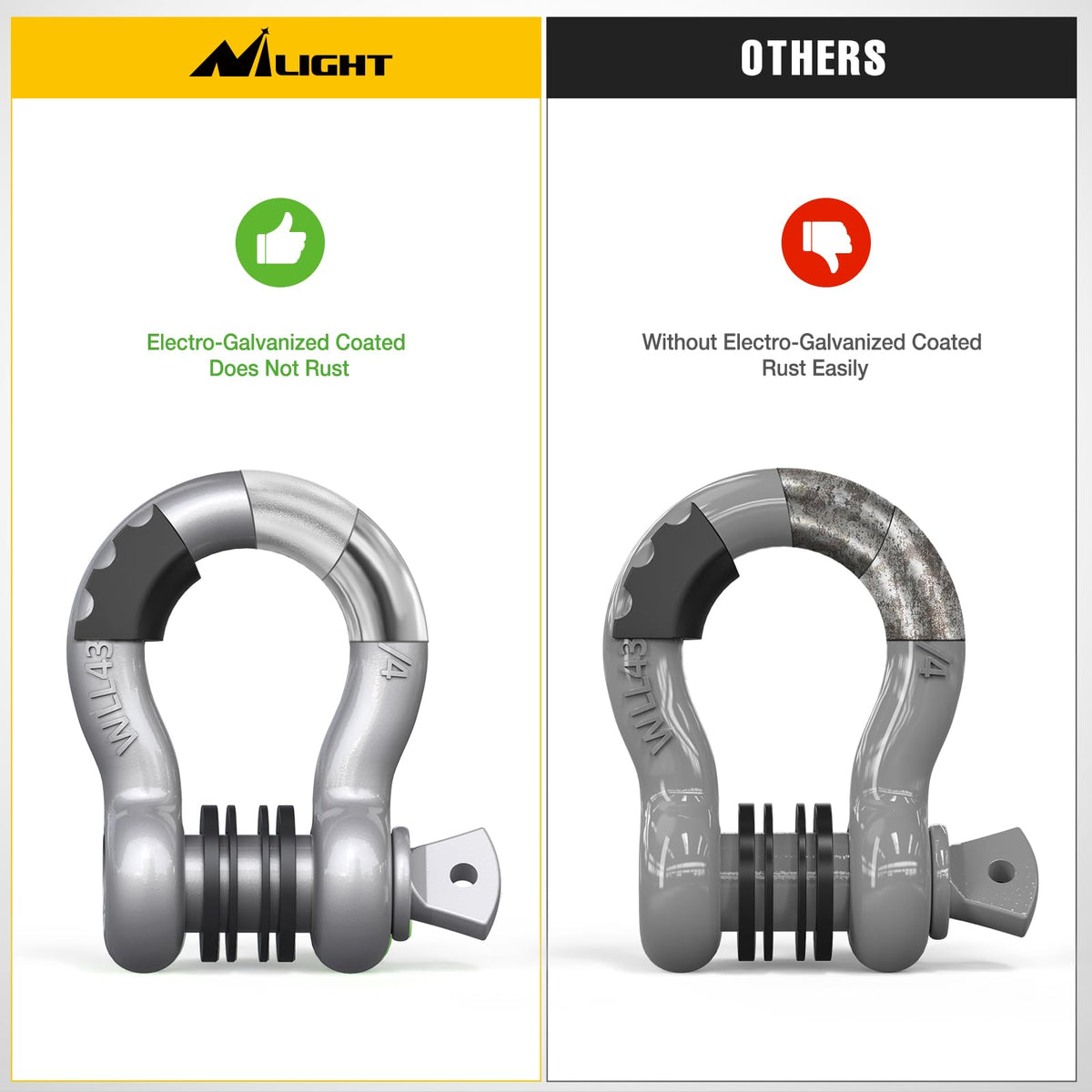 Nilight shackle side profile highlighting galvanized finish that resists rust and corrosion