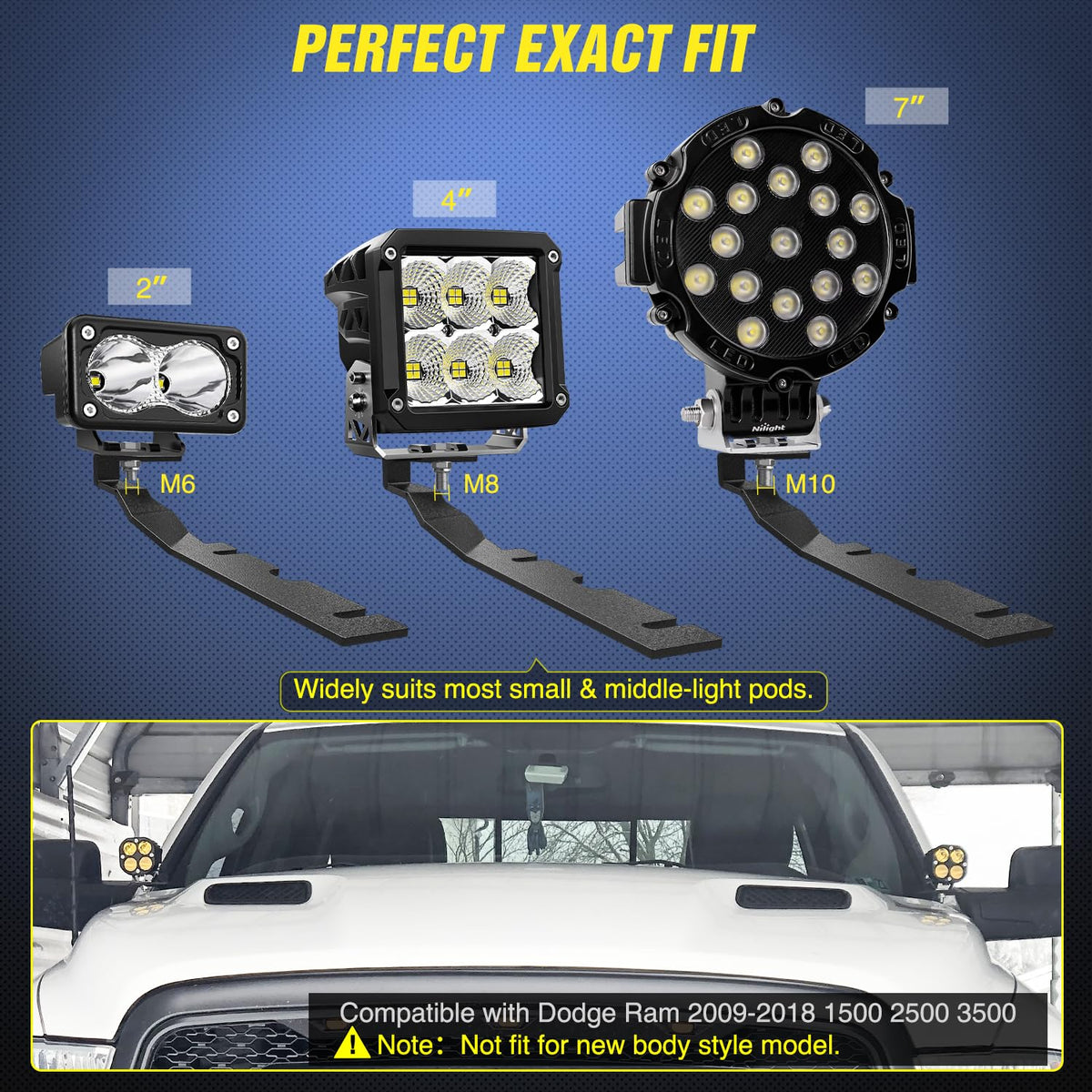 Nilight side profile mounted to RAM hood bolt demonstrating no-drill installation benefit