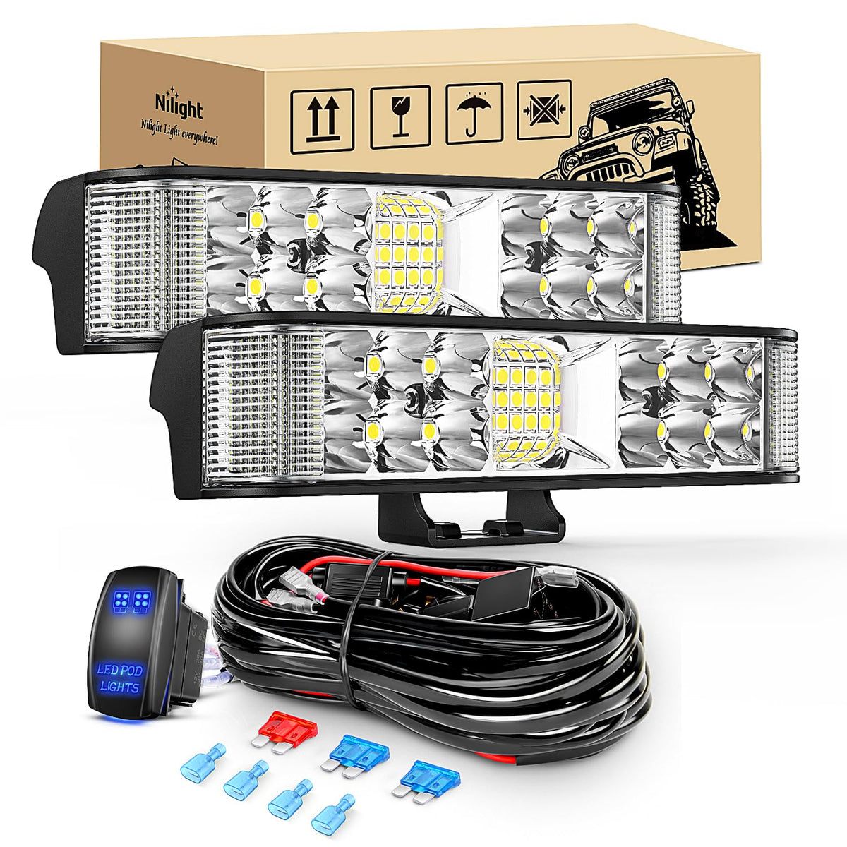 Nilight front view of dual 6.5 inch lights showing bright beam and durable finish