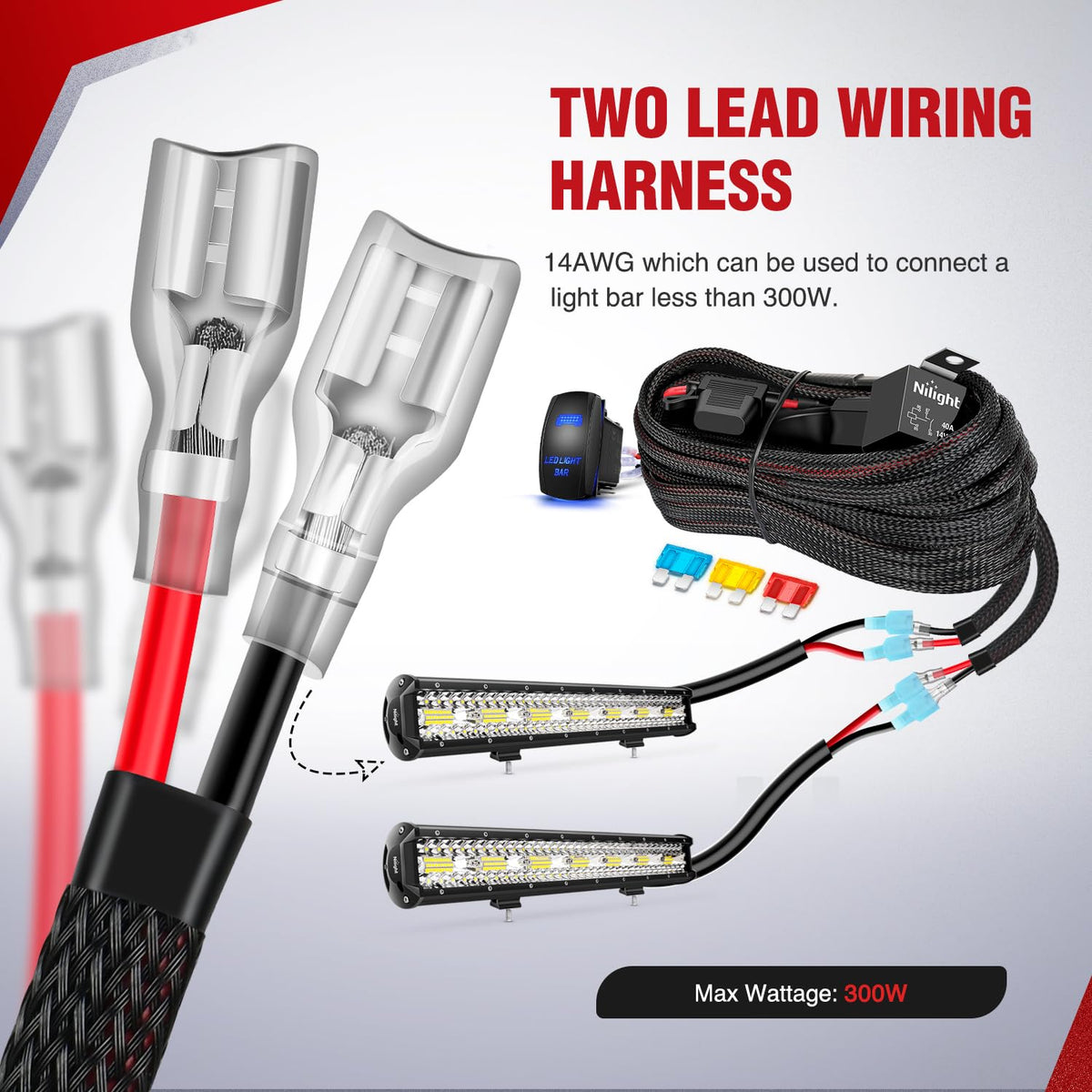 Nilight harness beside car battery for size and scale, aiding correct placement benefit
