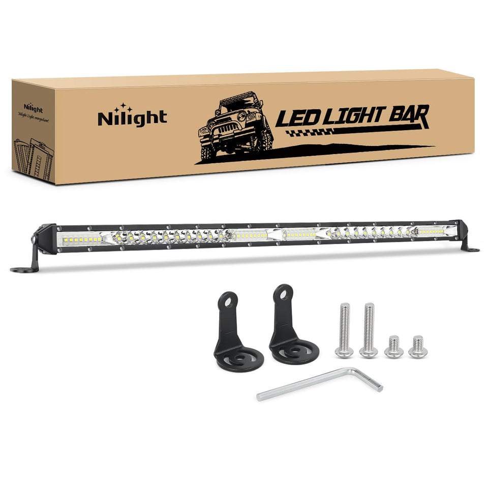 Nilight slim LED light bar front view showing LEDs and compact profile for brighter visibility