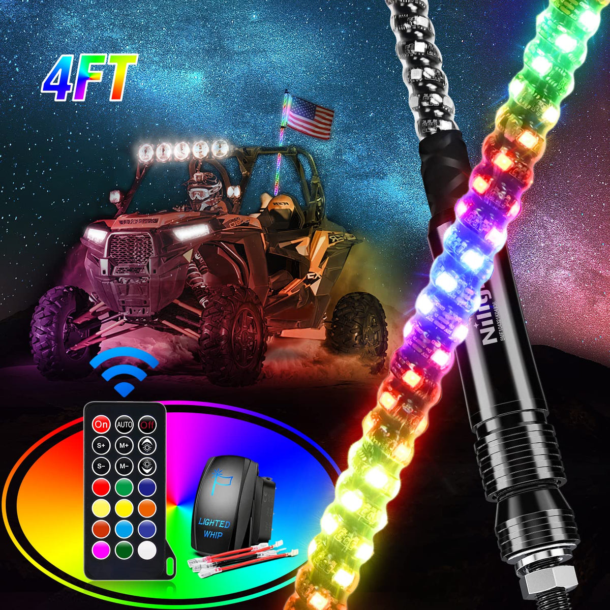 Nilight spiral whip front view showing full-length bright RGB glow for visibility