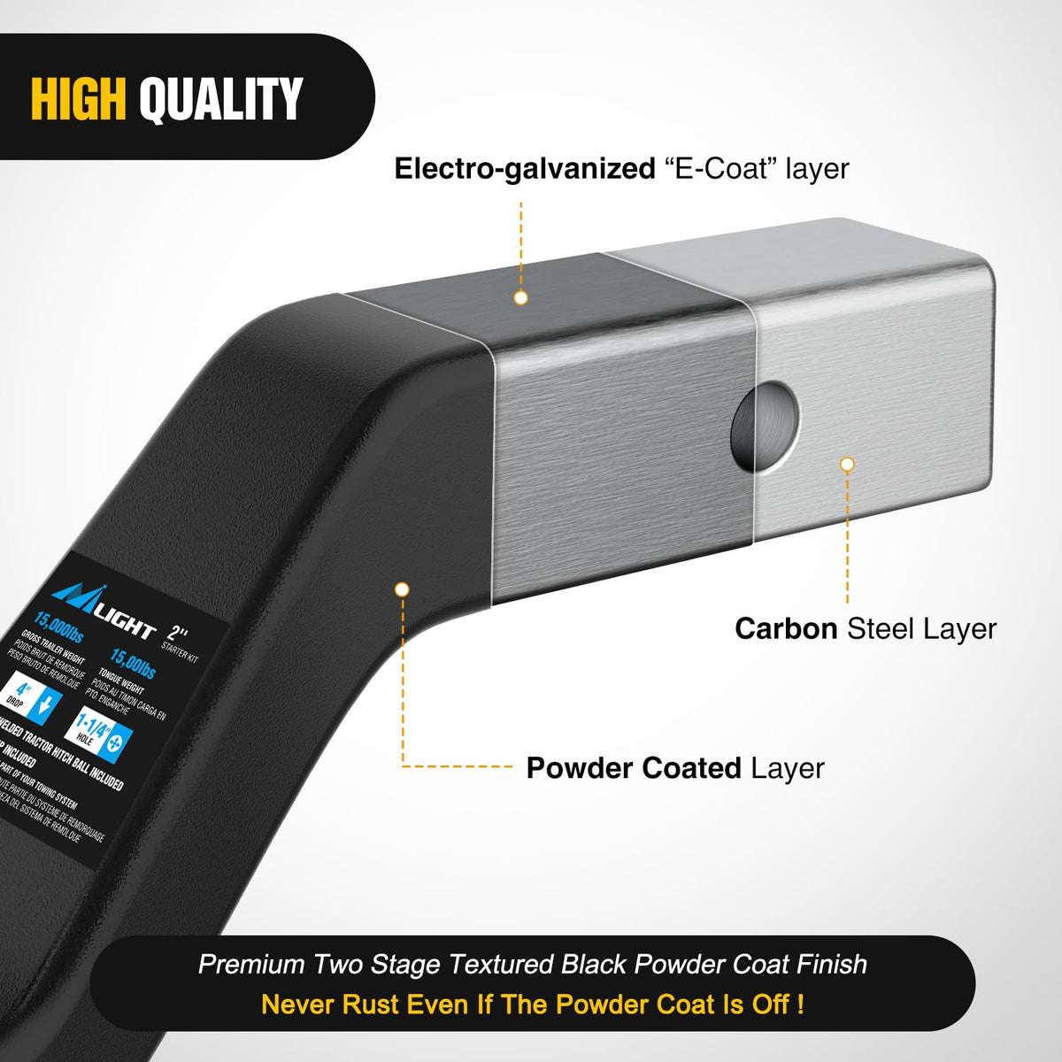 Nilight textured black powder coat detail showing rust protection benefit