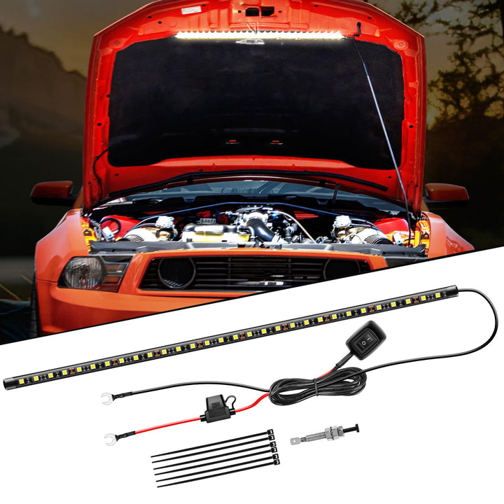 Nilight front view of under hood light strip showing full length and benefit of broad illumination