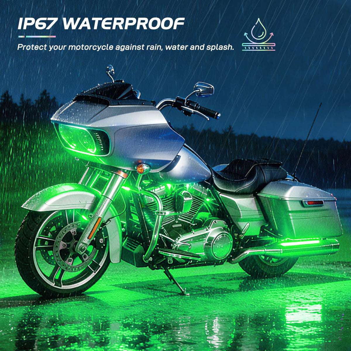 Nilight underbody at night on motorcycle showcasing vivid multi-color visibility