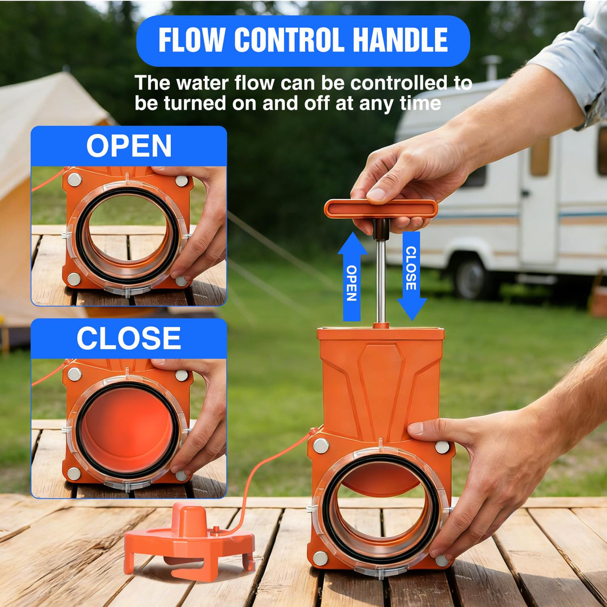 Nilight valve attached to standard 3" sewer hose showing easy twist-lock installation