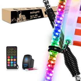 Nilight front view of two 3ft spiral RGB whips showing bright visibility benefit
