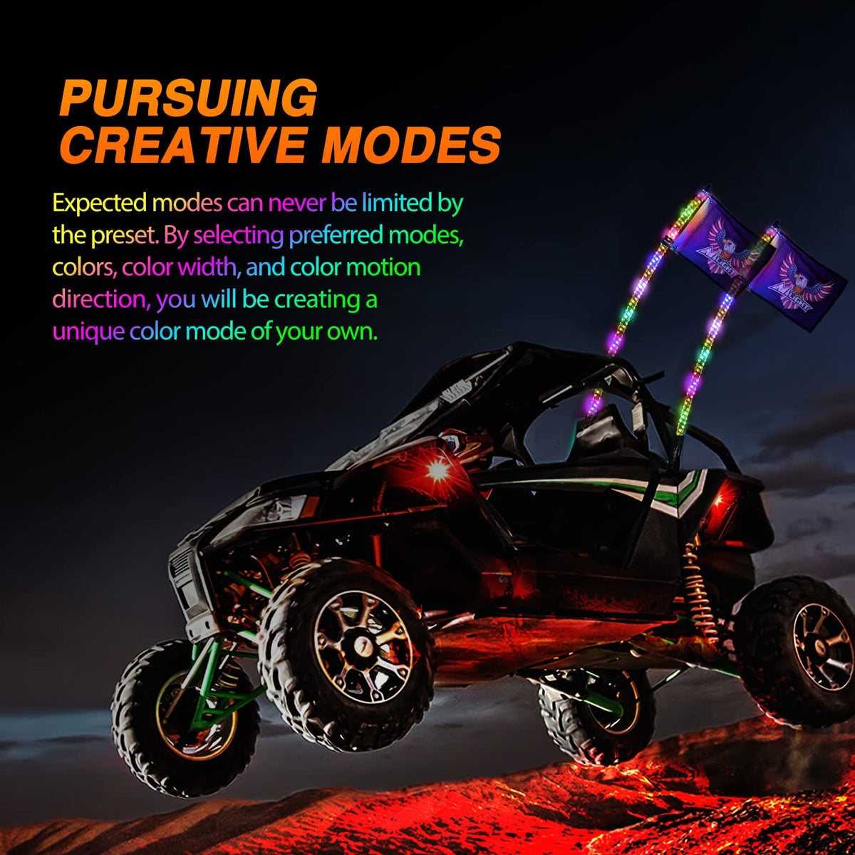 Nilight whip mounted on UTV rear demonstrating improved visibility and signaling at distance