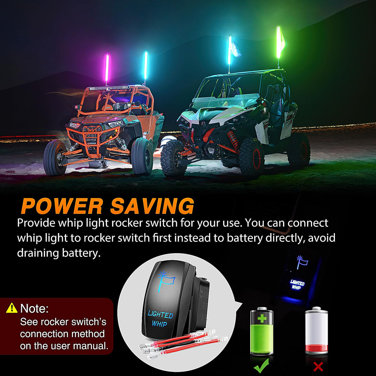 Nilight whip mounted on UTV demonstrating improved night visibility and style