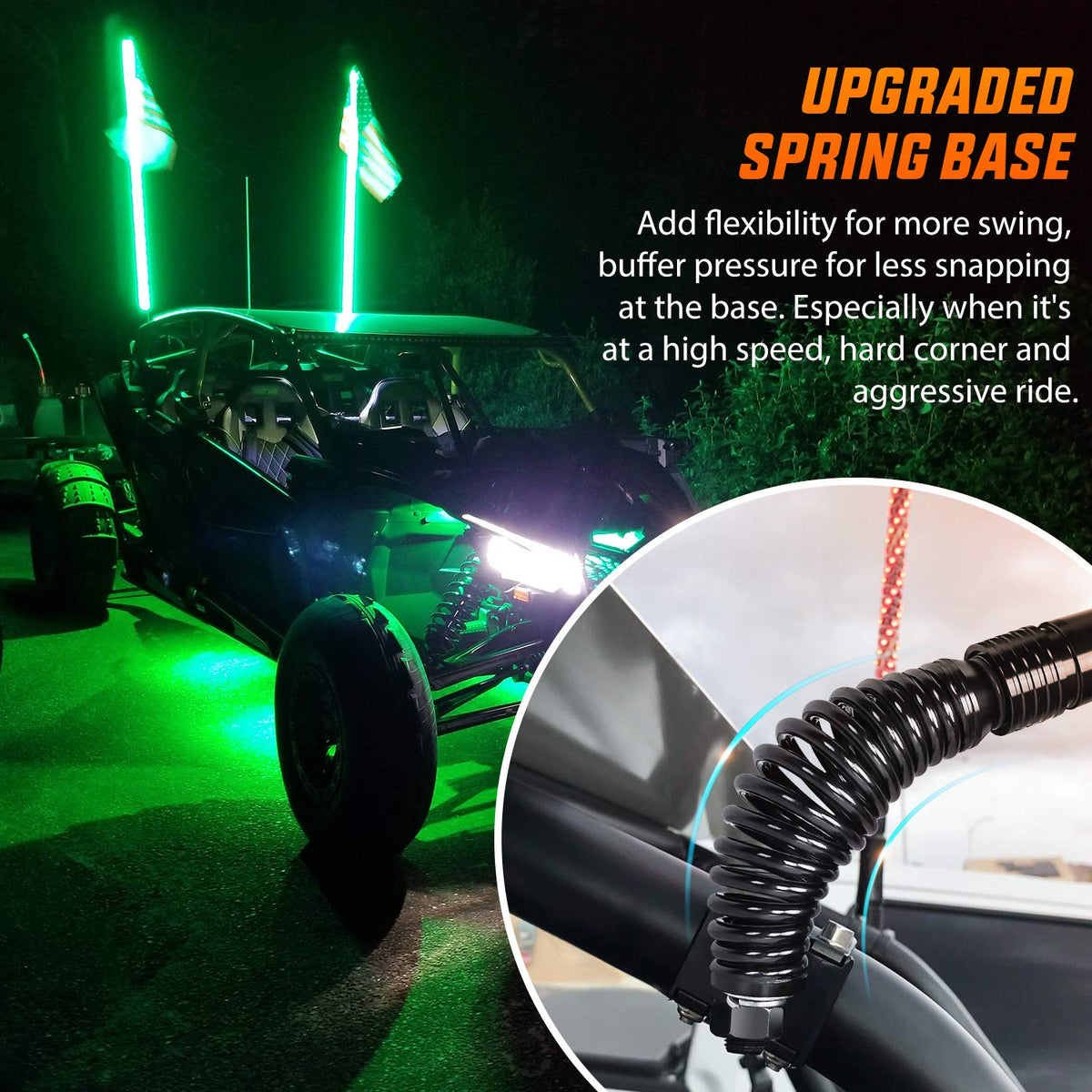Nilight whip mounted on ATV demonstrating increased night riding visibility benefit