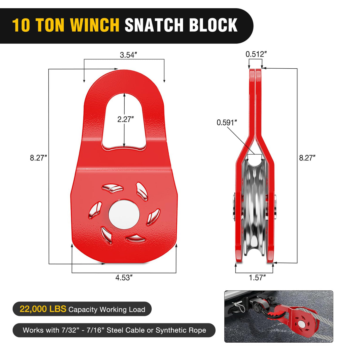 Nilight winch snatch block side profile showing pulley's smooth redirection