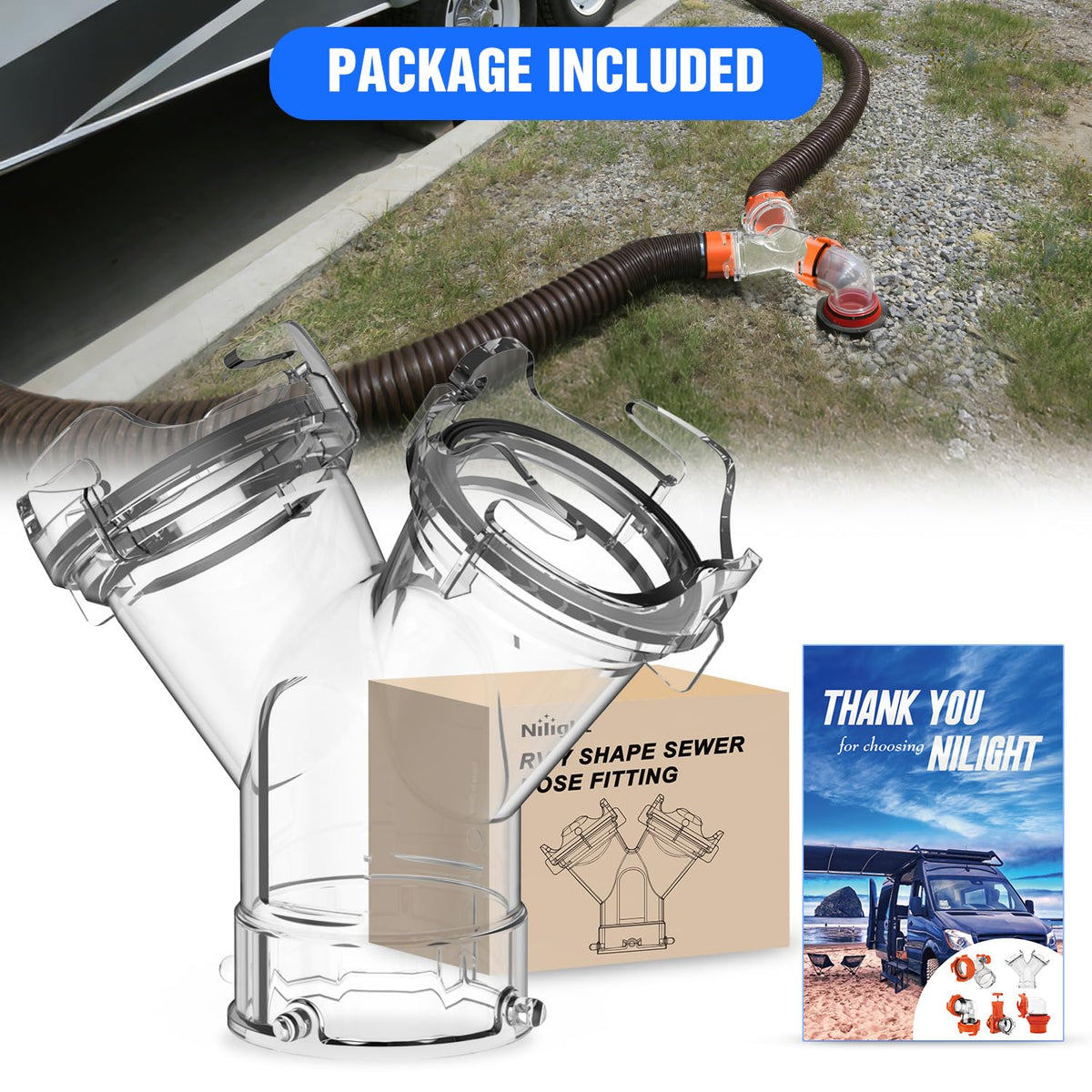 Nilight in campsite setting attached to trailer hoses for convenient dump station use