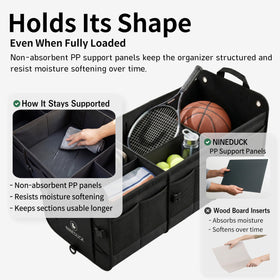 NINEDUCK interior showing rigid PP panels for upright, sag-free support